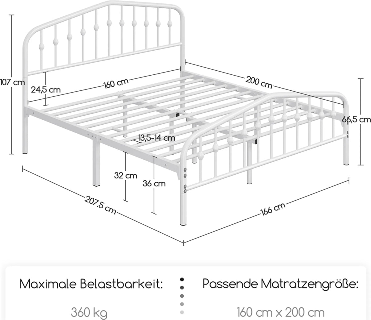 Yaheetech Klassiek Metalen Bed met Hoog Hoofdbord 160x200 cm – Wit – Metaal