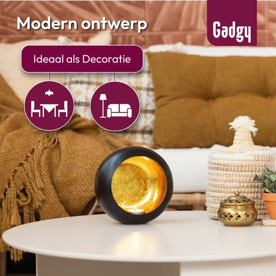 Gadgy Waxinelichthouder Rond - Theelichthouders - Kerst Decoratie Woonkamer - Sfeerverlichting Binnen - Kaarsenhouders voor Waxinelichten 17x17 cm - Windlicht Metaal - Zwart/Goud - Cadeau voor Vrouw