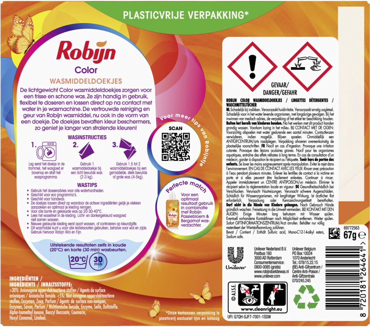 Robijn Color Wasmiddeldoekjes – 10 Verpakkingen – 160 Wasstrips – Kleurbehoud