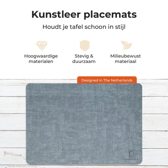 Castagnola Lederlook Placemats - Antislip Placemat van Kunstleer - Waterafstotende Onderlegger - Onderzetter - Placemats kunststof - 6 Stuks - 45 x 30 cm - Gemêleerd Blauw