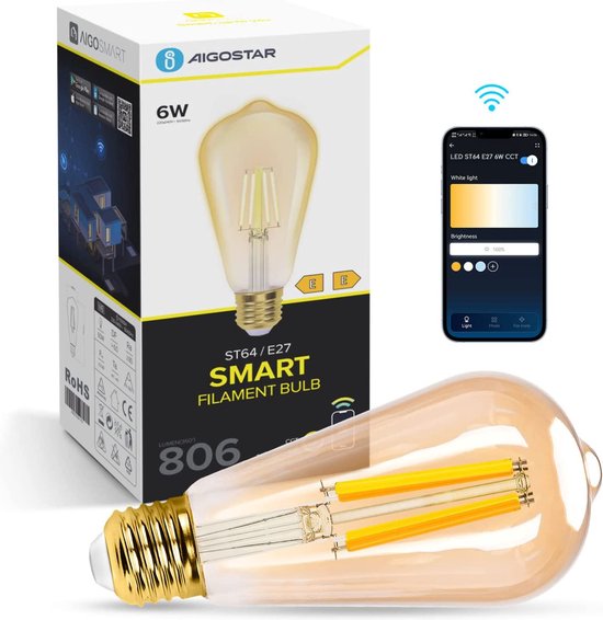 Aigostar 10YIE - ST64 - Slimme verlichting - Lichtbron E27 - Ø 6,4 cm - Appbesturing - Dimbaar - Smart Bulb - 6W