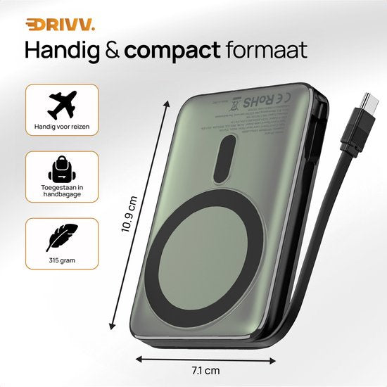 Powerbank 10.000 mAh geschikt voor MagSafe met USB C Kabel - 3 in 1 Ontwerp - 22.5W Draadloze Powerbank - Inclusief 60W Oplaadkabel - Snellaadfunctie - USB & USB C - Zwart -
