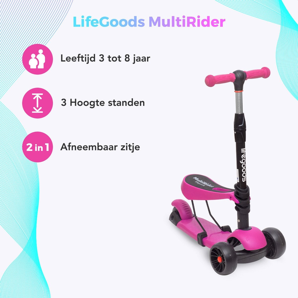 LifeGoods MultiRider Kinderstep - Step 3-8 Jaar - Verstelbaar Zitje - Lichtgevende Wielen - Jongens/Meisjes - Roze