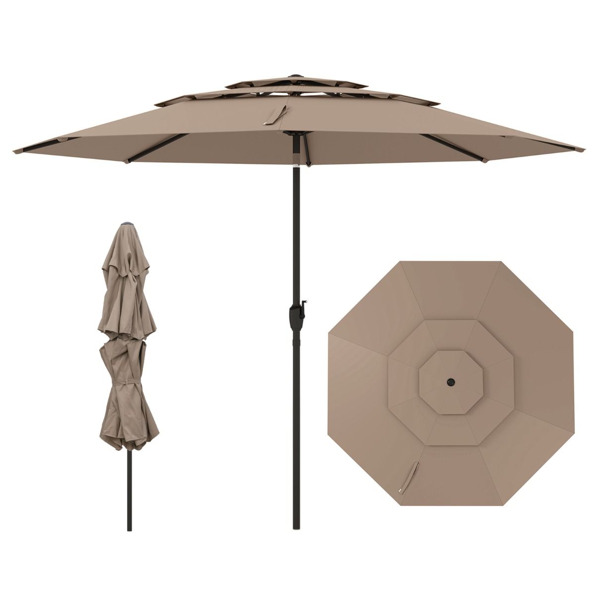 Coast Lichtbruine Tafelparasol 300 cm – 3-Lagen Zonnescherm met Kantelmechanisme en Handslinger – Tuinparasol met 8 Ribben en Geventileerde Kap