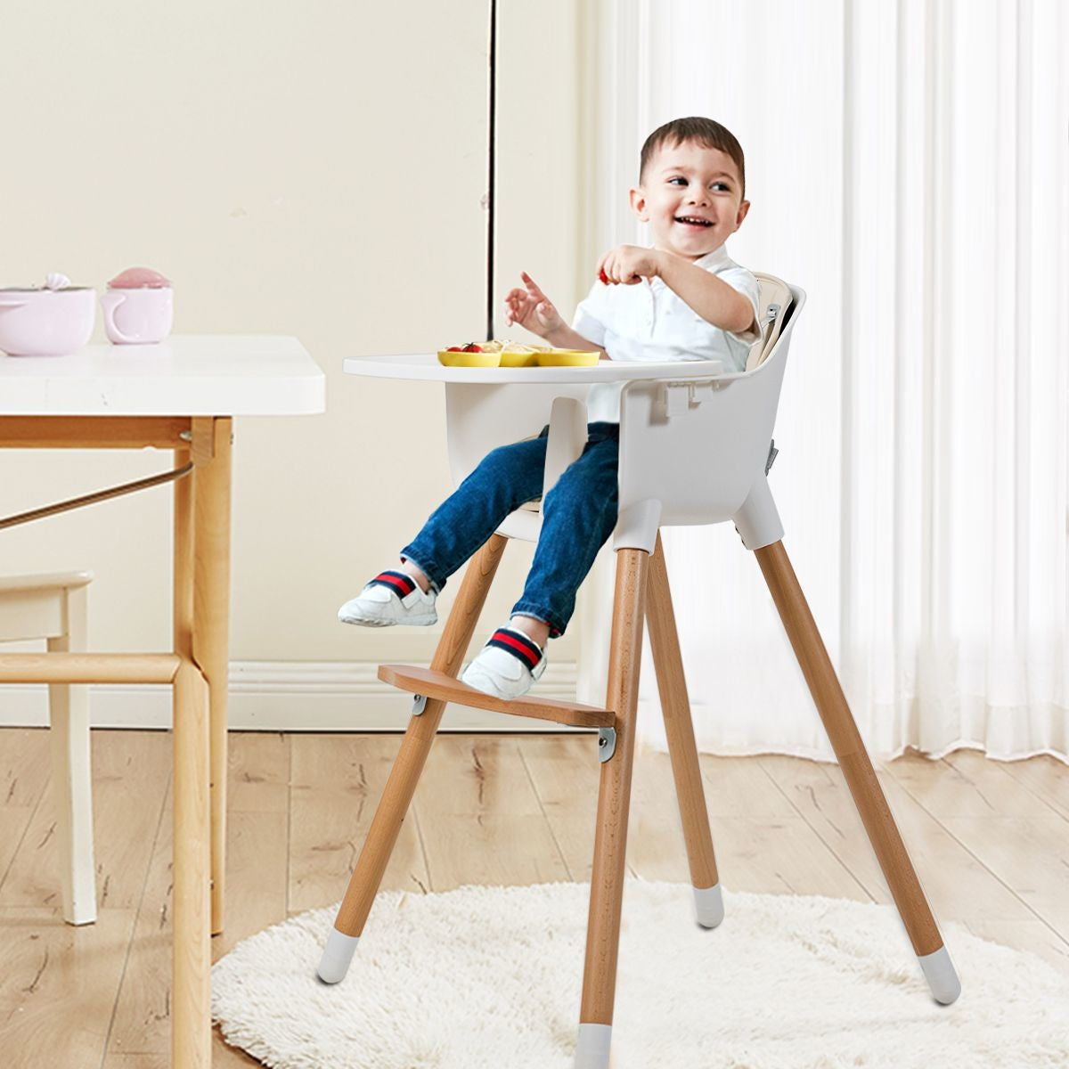 Coast 2-in-1 kinderstoel - hoge kinderstoel - hout - verstelbaar 57 x 57 x 83 cm - crème wit + naturel