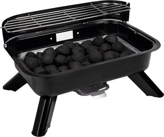 Princess 112252 Hybride Barbecue – 2000W – Elektrisch of Houtskool BBQ – Compact Tafelmodel – Ideaal voor Balkon & Camping – 44x29 cm