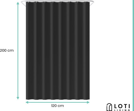 Loti Living Douchegordijn Anti Schimmel – Zwart - Inclusief ringen – Waterdicht - Polyester - Douchegordijn 120x200 cm