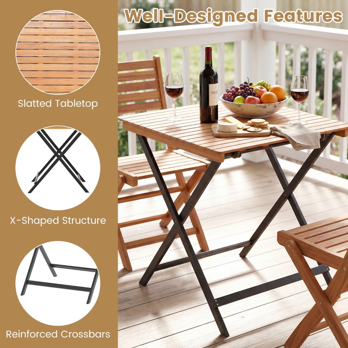 Coast Opklapbare Bijzettafel - X-vormig frame - Acaciahout - Naturel en zwart - 70 x 70 x 73 cm