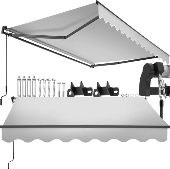 tectake® Zonnescherm met Knikarm - 250 x 200 cm - Zonneluifel - Zonwering voor Raam, Balkon, Buiten - Te Monteren aan Muur - Water- en UV-Bestendig - Lichtgrijs