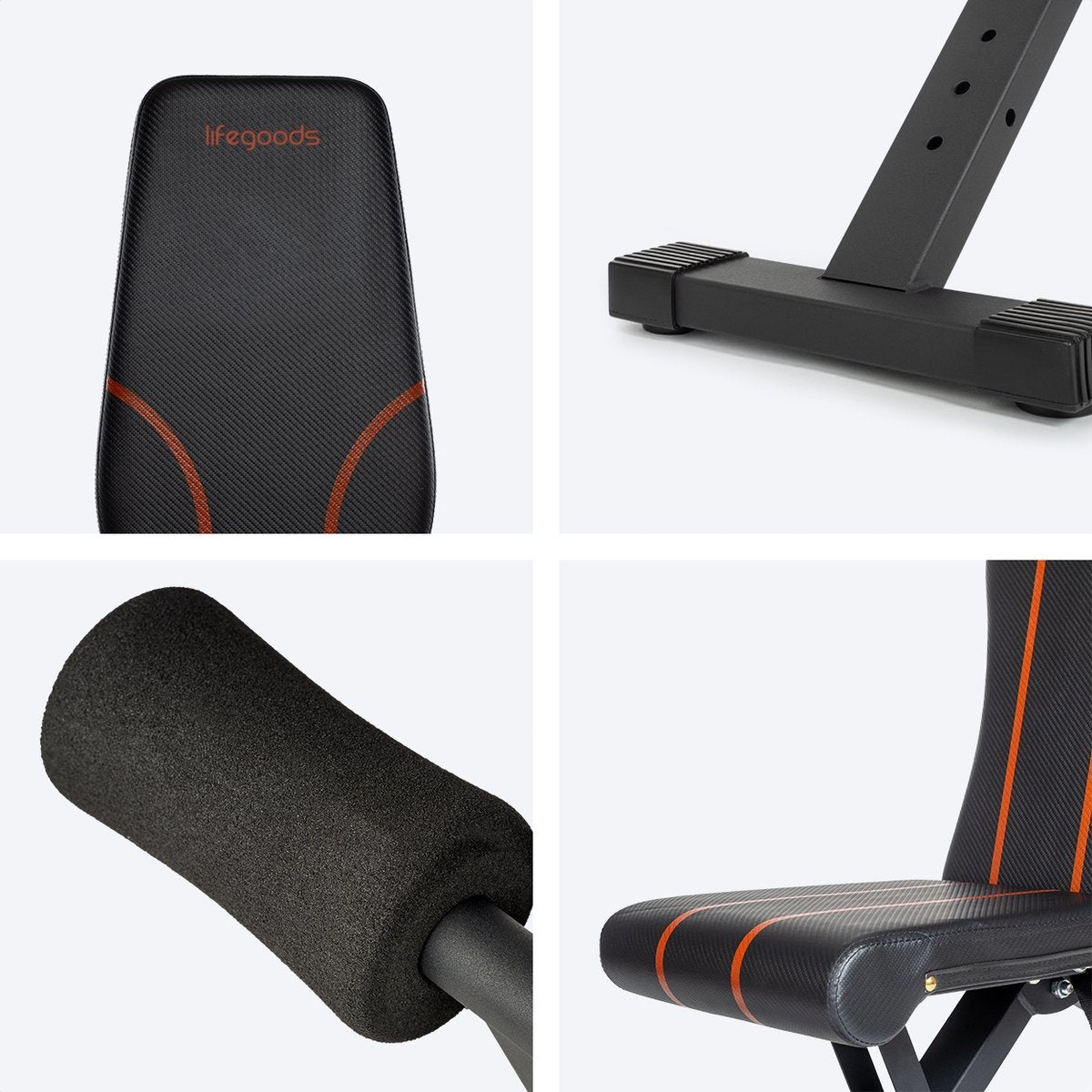 LifeGoods Fitness Halterbank - Fitnessbank - Bench Press - Trainingsbank - Verstelbaar - Inklapbaar - Zwart/Rood