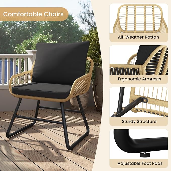 Yaheetech 3-delige Bistroset Tuin - Beige/Zwart - Rotan Tuinset met Glazen Tafel en 2 Stoelen