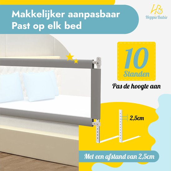 HeppieBabie Bedhekje - Universeel - Extra Lang 150 CM - Verstelbaar - Grijs met opvangnet - Bedrand - Bedrail - Bedrek
