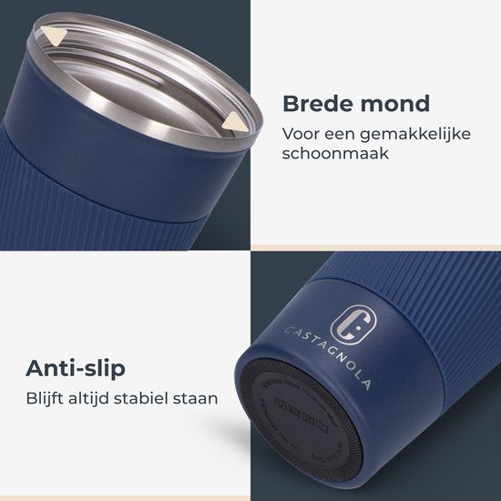 Castagnola Thermosbeker - Koffiebeker To Go - Travel Mug voor Koffie en Thee - Theebeker - 380 ML - RVS - Blauw