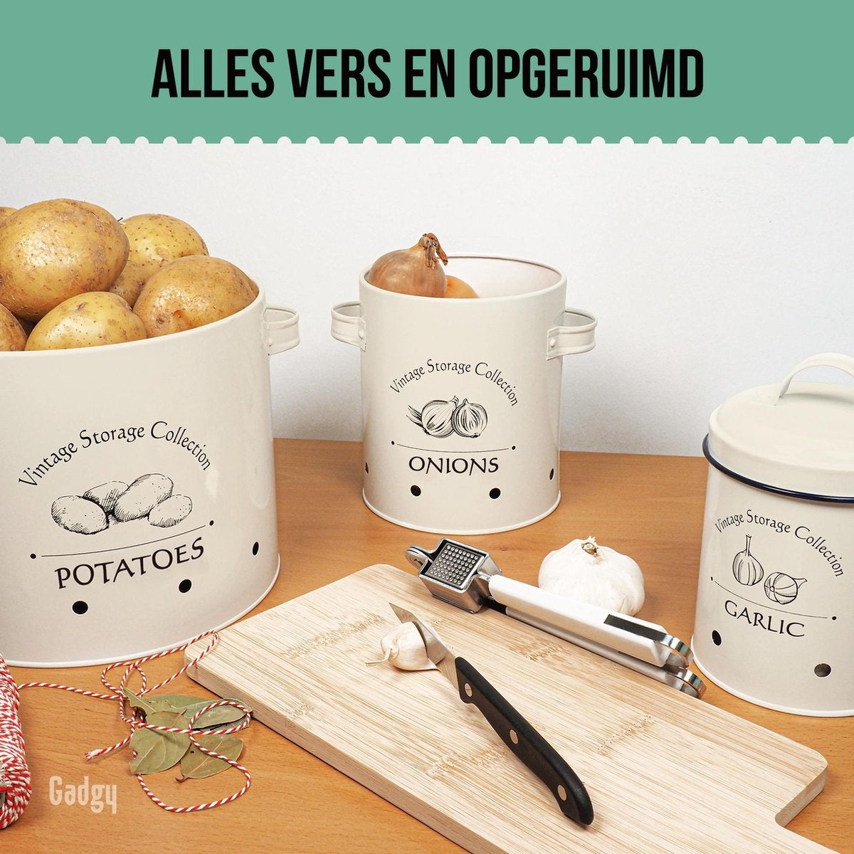 Gadgy Voorraadpotten Set van 3 stuks - Aardappelpot - Uienpot - Knoflookpot – INCL Deksel – Bewaardoos