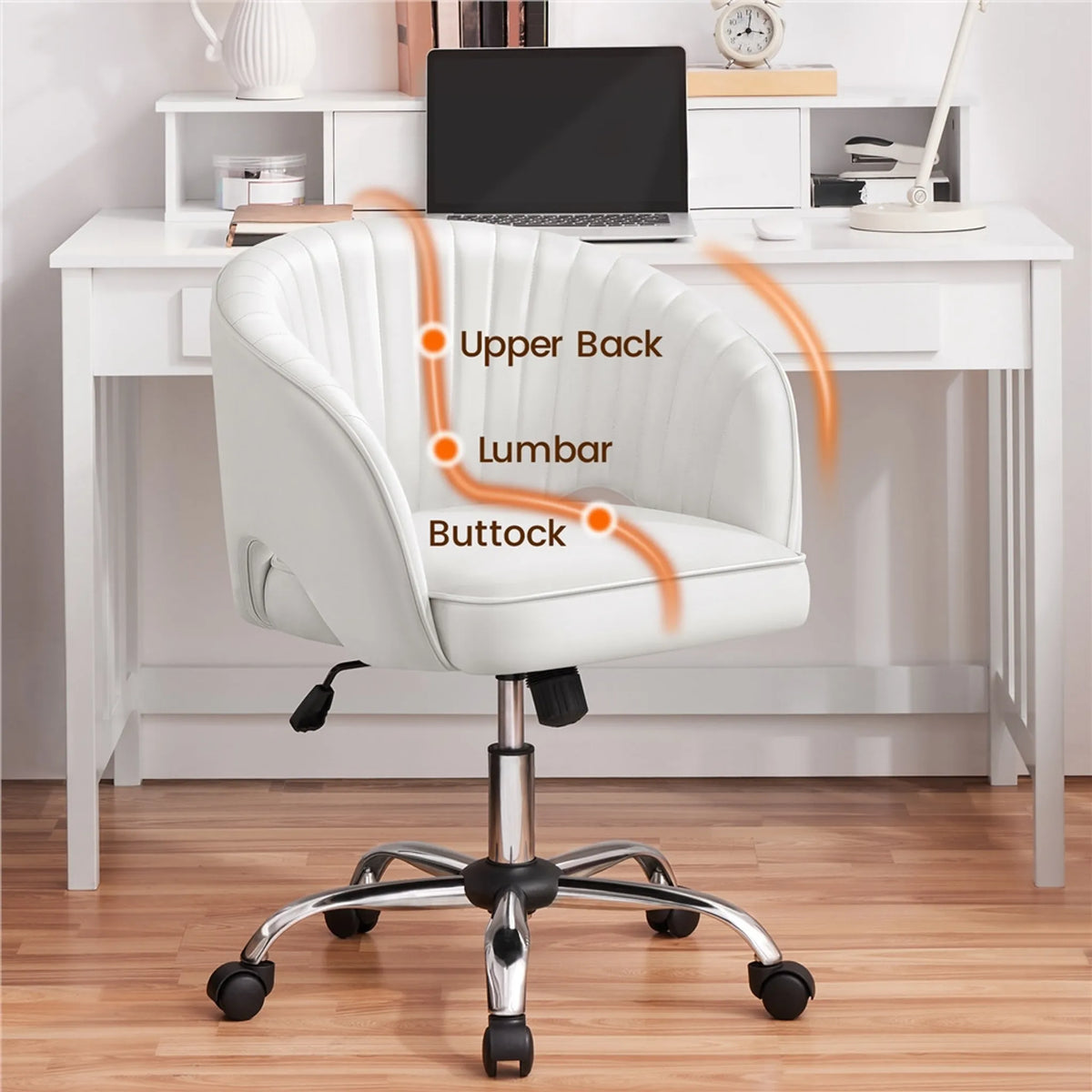 Yaheetech Stijlvolle Bureaustoel met Verticaal Patroon 73-83 cm – Wit – Polyester en Metaal