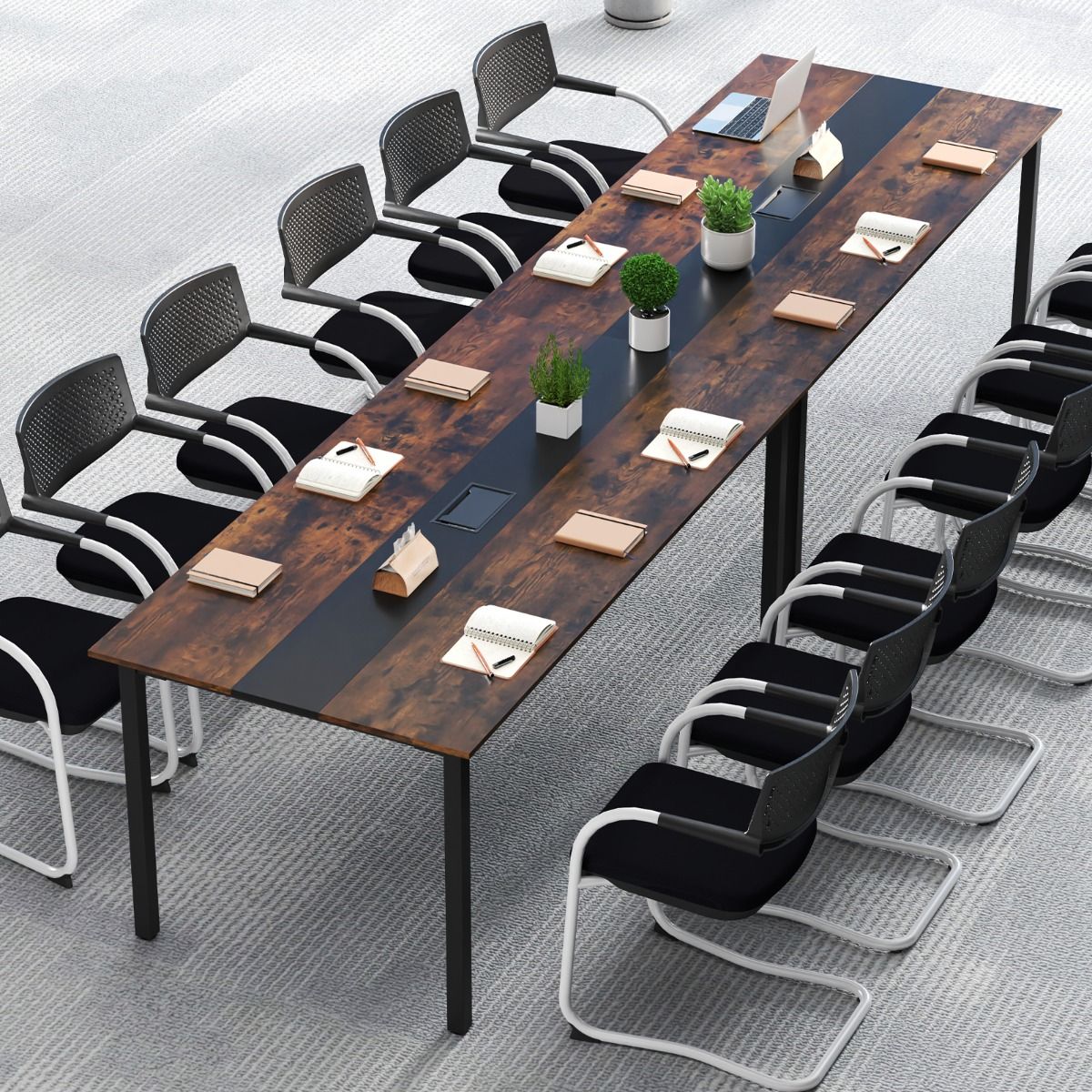 Coast vergadertafel - rechthoekig - kabelbeheer - rustiek hout en zwart - 180 x 90 cm