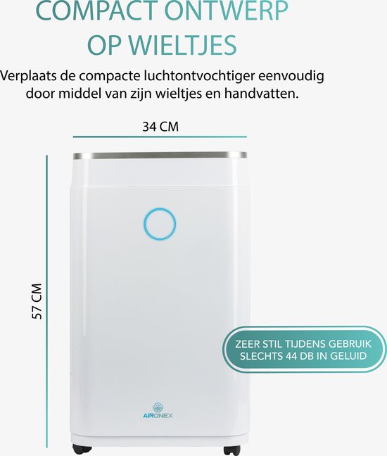 Aironex – Luchtontvochtiger En Luchtreiniger – 20 l Capaciteit & Met Wasdroogfunctie – Extreem Stil Met Led-Display – Voor Woonkamer En Slaapkamer – Wit Kunststof