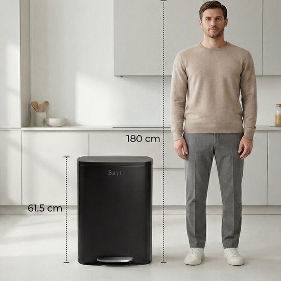 Bayt Prullenbak - Pedaalemmer 50 Liter - Prullenbak 50 Liter - Vuilnisbak 50 Liter - Prullenbak Afvalscheiding - Afvalbak - RVS - Zwart