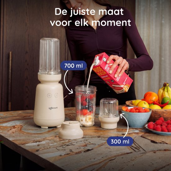 Safecourt Kitchen PureBlend - 1000W Smoothie maker - BPA vrij - inclusief to-go drinkdeksel + rietje- Premium Tritan blendbekers - Beige