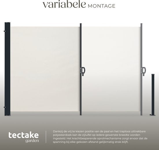 tectake® Uitschuifbaar Windscherm met Oprolmechanisme - 300 x 180 cm - Zijluifel met Aluminium Frame- Zonnescherm - Tuinscherm - Beige Balkonscherm - Ondoorzichtbaar Privacyscherm - Markiesdoek