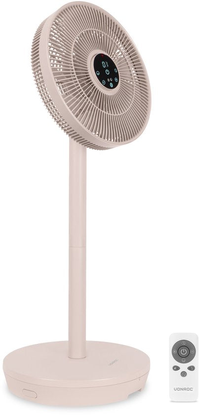 VONROC BREEZE Draadloze Ventilator – Fluisterstil (<44 dB) – 24 snelheden – lichtgewicht en draagbaar - 3 windmodi: Natuurlijk, Slaap, Normaal – Modulair: tafelventilator én vloerventilator – Luxe touch display – Incl. afstandsbediening – Beige
