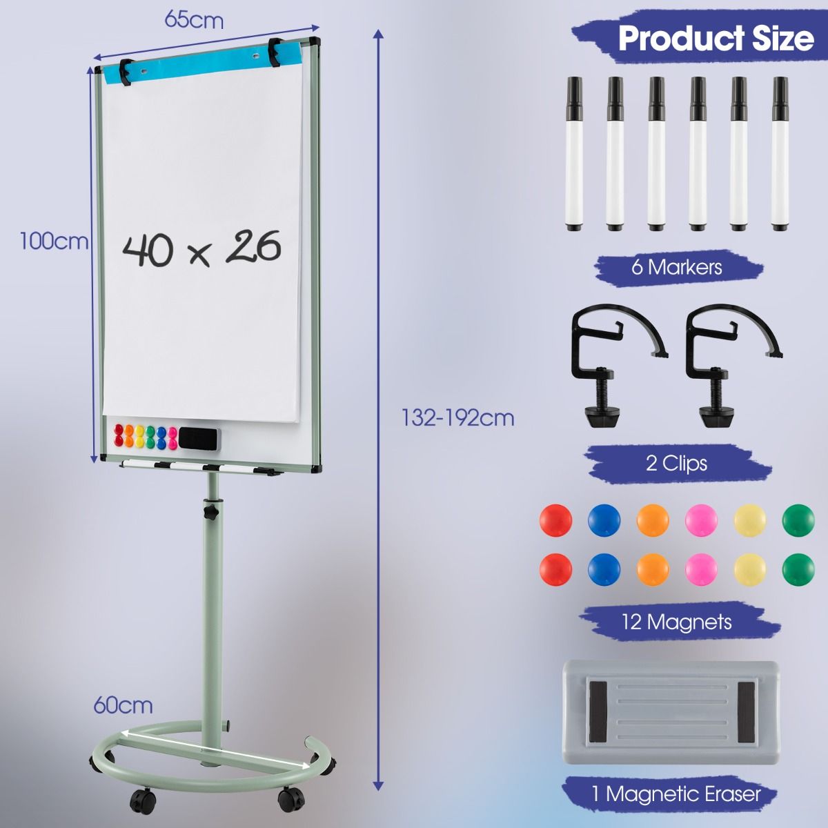 Coast Verrijdbaar Whiteboard met Magneten en Markers - In Hoogte Verstelbaar - Groen - 100 x 65 cm