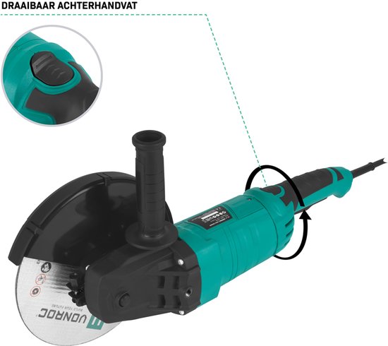 VONROC Haakse slijper 2350W – Ø230mm – 5800 tpm – Inc. zijhandgreep voor links- en rechtshandig gebruik – 3 meter rubberen kabel - excl. Slijpschijf