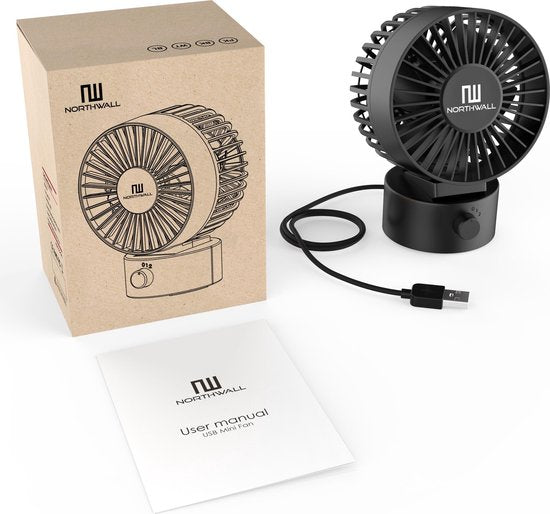 Northwall Mini USB Ventilator - Tafelventilator Zwart - Stille Mini Fan - Retro Bureau Ventilator - Klein, Stil en Geruisloos - Dual Motoren - Kantelbaar - 2 Snelheden