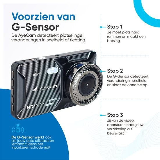 AyeCam Dashcam Pro – Dashcam voor Auto voor en Achter - FULL HD & Nachtvisie – G-Sensor - Incl. 32GB SD
