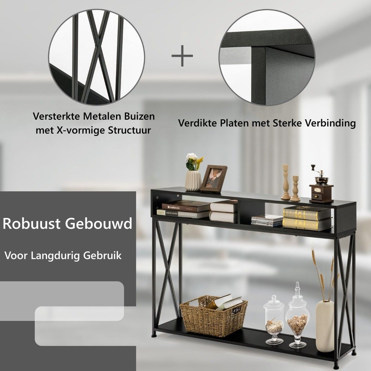Coast Console Tafel - 2 Opbergvakken 1 Open Plank - 120 x 23 x 79 cm - Zwart - Staal+Hout