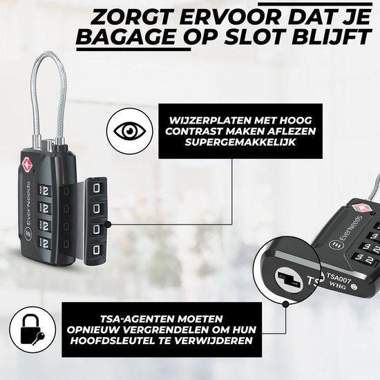 EverNeeds - TSA cijferslot - Zink - Zwart - 2 Stuks