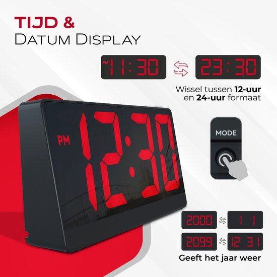 Caliber Digitale Wekker - Wekkers digitaal - Instelbare Snooze Tijd - Alarmklok - Dimbaar display - Digitale klok slaapkamer - USB Oplader