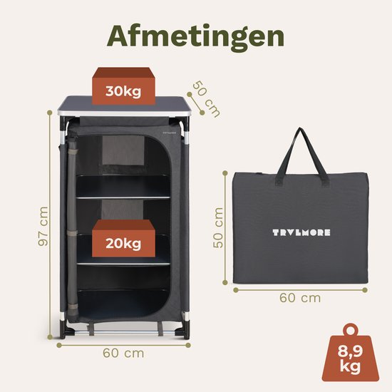 TRVLMORE Campingkast XL - Campingkeuken - 90KG Draagvermogen - Aluminium Frame - Inklapbaar - Incl. Draagtas - 50x60x97CM - Grijs