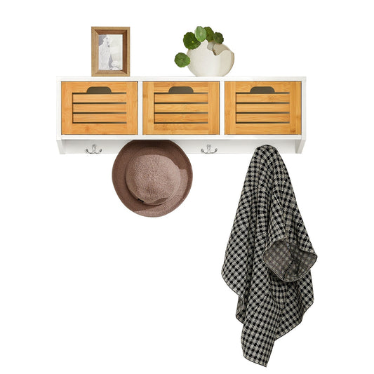 SoBuy Wandgarderobe - Hangrek met 3 manden en 4 haken - Max. 15KG - 80 x 25 x 20 cm - Wit
