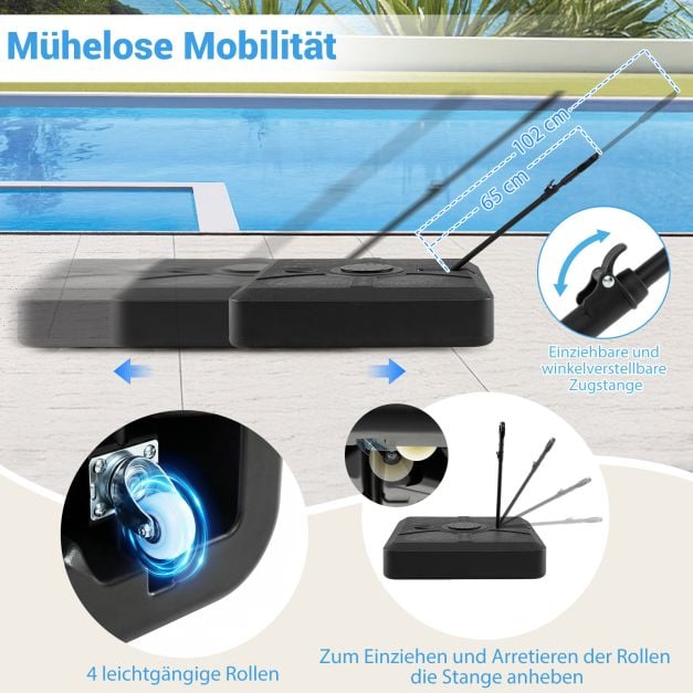 Coast Parasolvoet 84 × 84 × 20 cm – Verrijdbare Vulbare Parasolstandaard tot 150 kg met 4 Wielen & Uitschuifbare Trekstang – Zwart