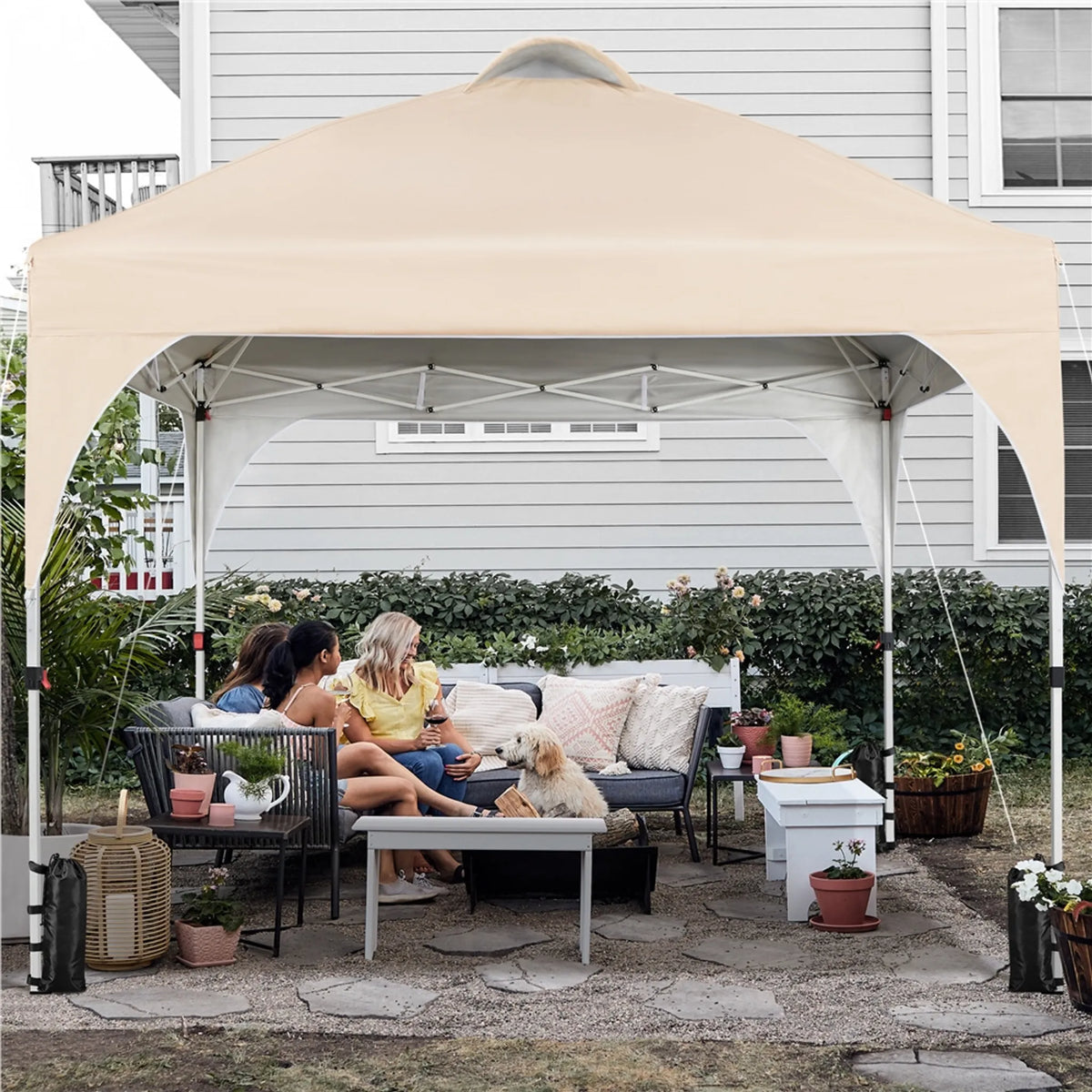 Yaheetech Pop-up Paviljoen 3 × 3 m In Hoogte Verstelbaar met Wieltas, Zandzakken en Haringen Beige