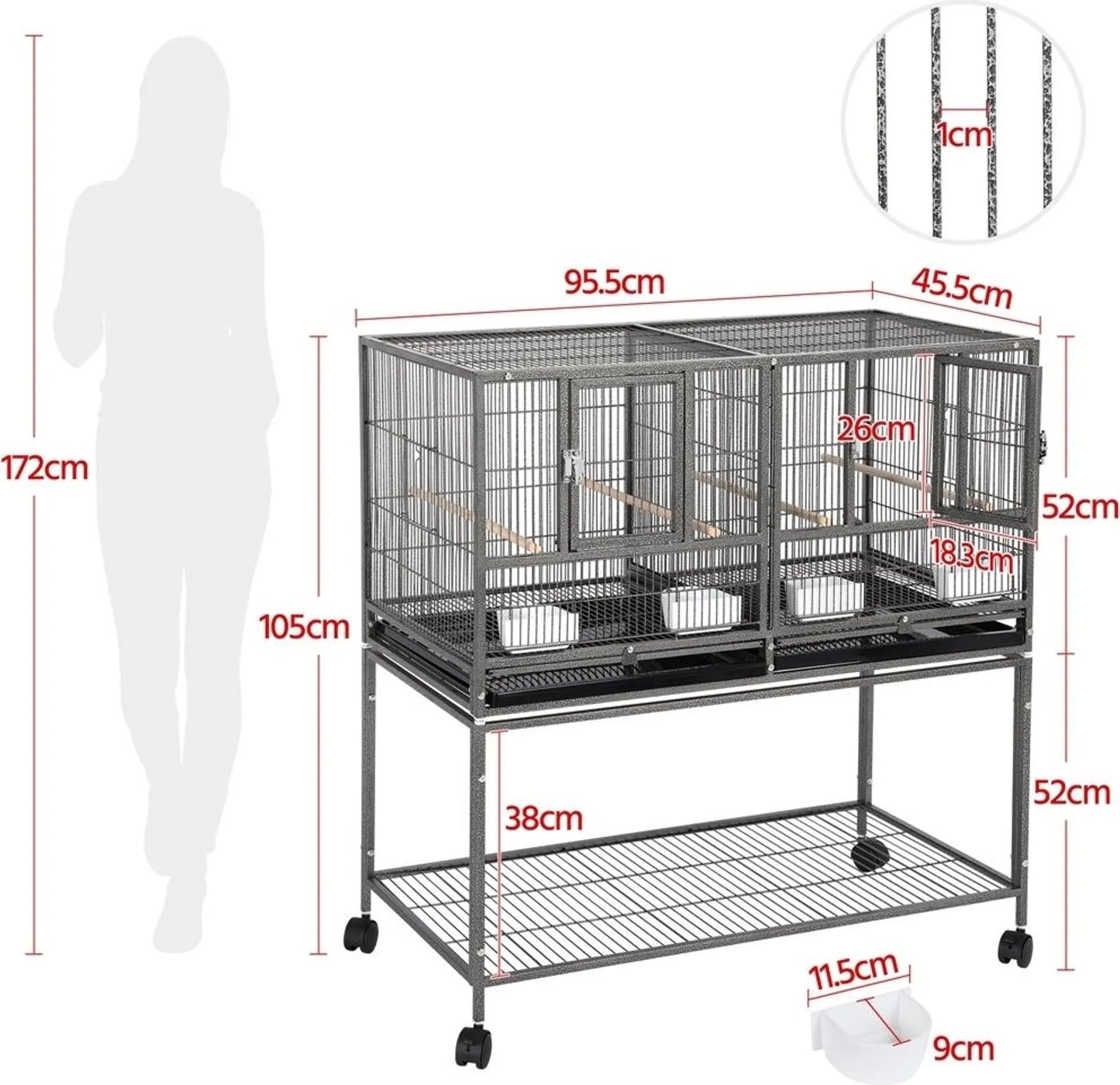 Yaheetech Vogelkooi Met Tussenschot – Voorzien Van Verwijderbare Standaard En Vier Zitstokken En Opbergvak – Voor Kanaries En Parkieten – Zwart Gelakt Metaal En Hout – 95,5 x 45,5 x 105 cm