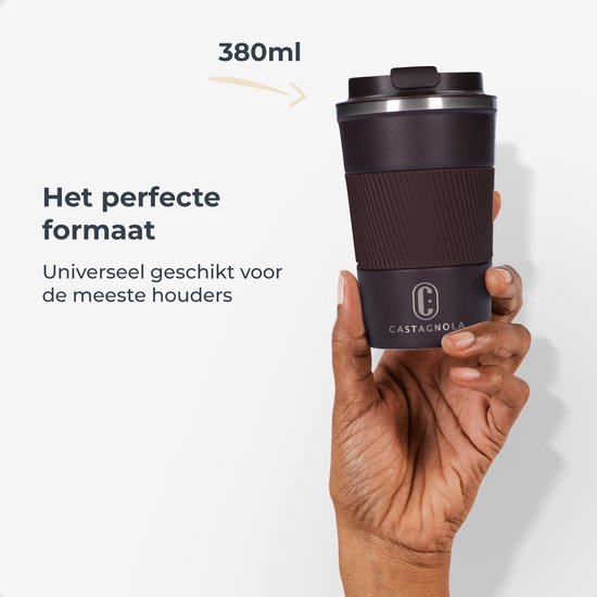 Castagnola Thermosbeker - Koffiebeker To Go - Travel Mug voor Koffie en Thee - Theebeker - 380 ML - RVS - Bruin