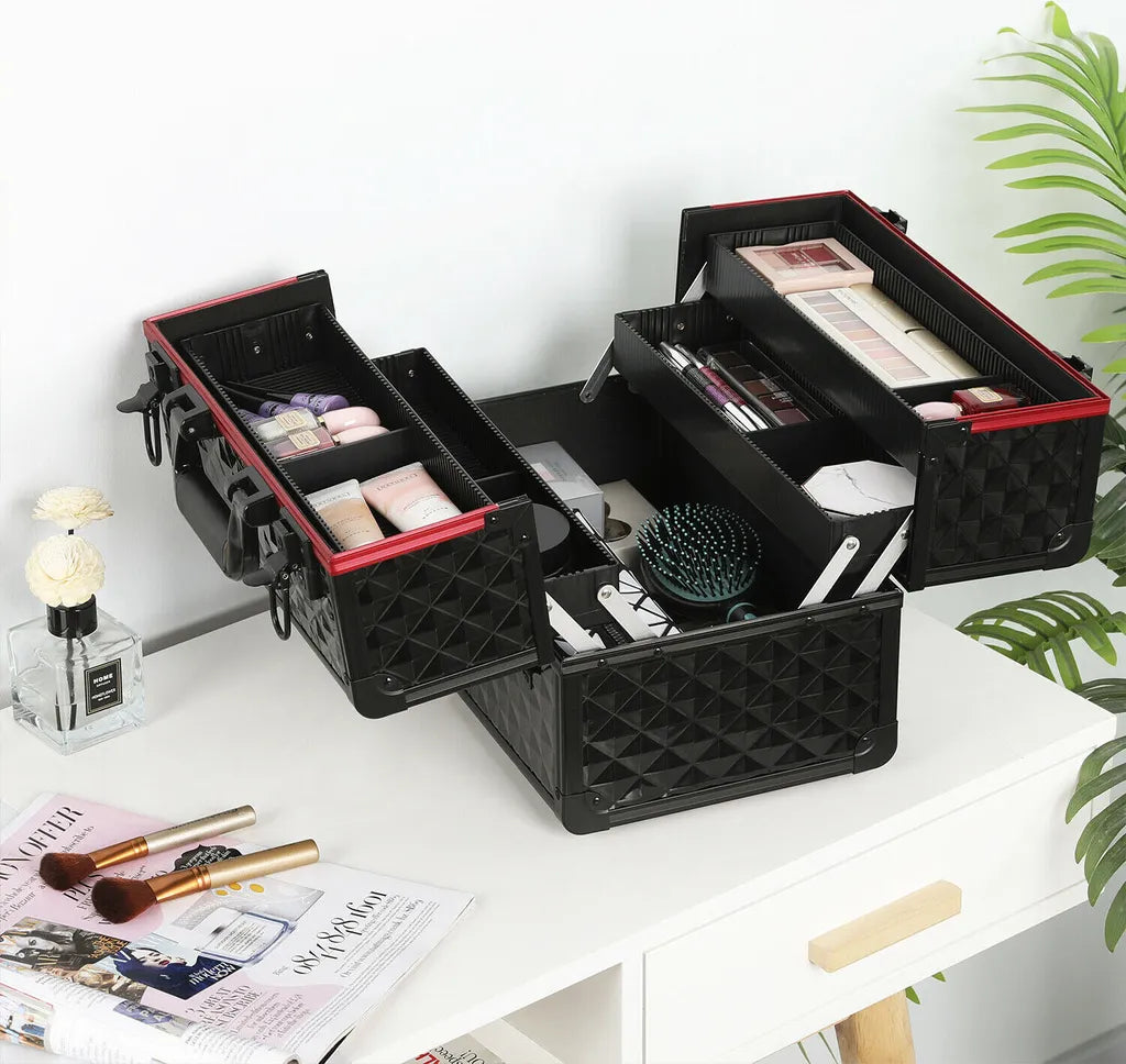 Yaheetech make-up Koffer - 34,7 x 22,2 x 25 cm - Verstelbaar - Opbergvakken - Afsluitbaar - Zwart/Rood