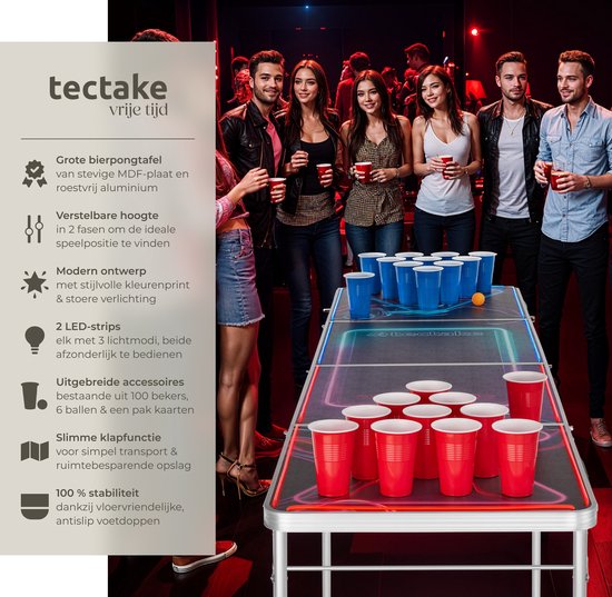 tectake® Beerpong Tafel - Met Feestdecoratie - LED-verlichting - Bierpong Tafel in Hoogte Verstelbaar en Inklapbaar - Drankspel met Accessoires - 100x Plastic Bekers, 6x pingpongballen, Kaartspel met Kaarten