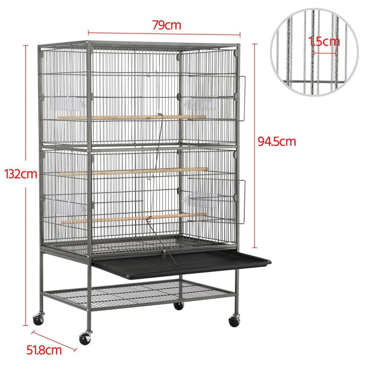Yaheetech Vogelkooi XXL Met Verrijdbaar Onderstel – Voorzien Van Beveiligde Deur En Opbergplank En 3 Houten Zitstokken – Voor Papegaaien En Kaketoes – Zwart Metaal – 79 x 52 x 132 cm