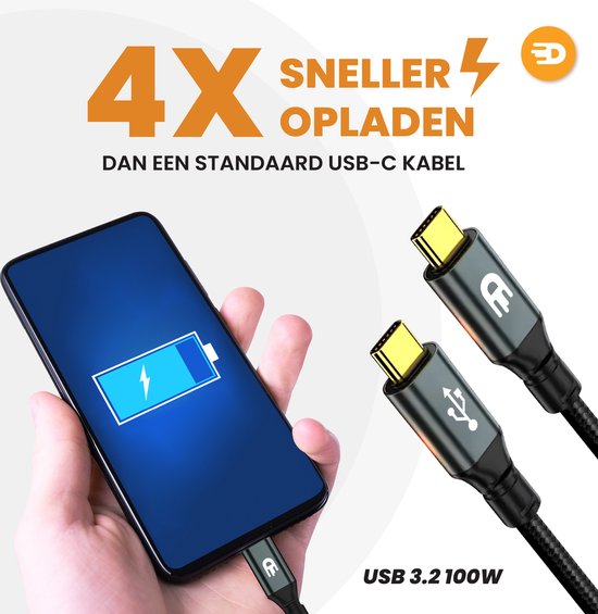 Drivv. USB C Kabel naar USB C 3.2 - 100w Snellader - 4K 60Hz - 20GBs - 3 Meter - Geschikt voor Samsung, Macbook, iPhone 15 & Meer - Nylon - Grijs