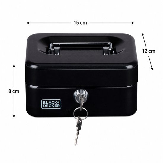 Black&Decker Geldkistje/kluisje - 2 sleutels - zwart - staal - muntbakje - 15 x 12 x 8 cm