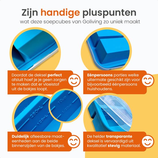 Goliving 4 in 1 Diepvriesbakjes - Vershoudbakjes - 4 x 250ml - Meal Prep Bakjes - Siliconen Bewaarbakjes met Deksel - Vershouddoos Babyvoeding - Diepvries en Magnetron - Blauw