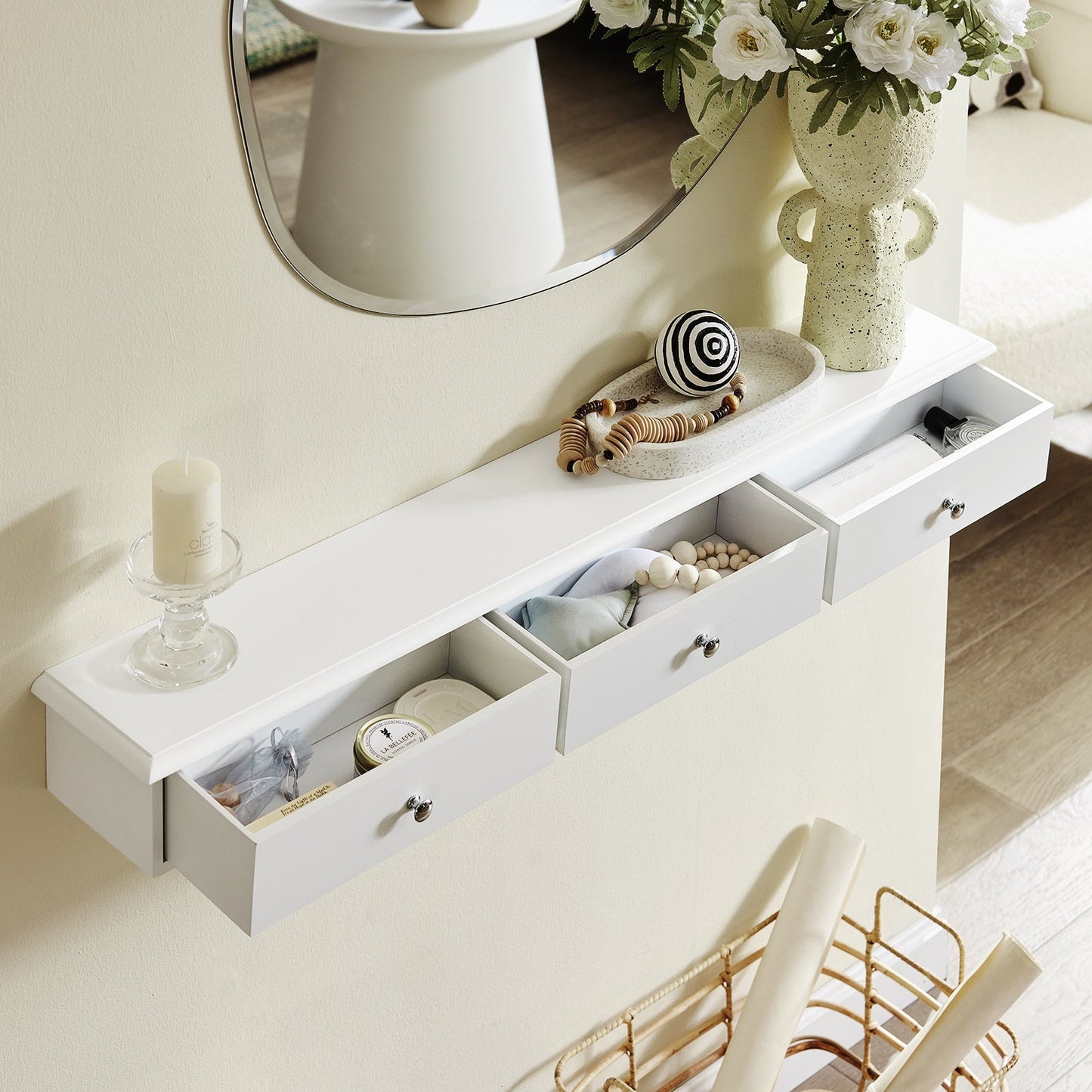 SoBuy Wandplank Met 3 Lades – 91 x 15 x 10 cm – MDF Wit – Modern & Functioneel – Max. 10 kg