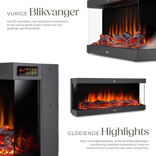 tectake® Wandhaard - Elektrische Haard - Sfeerhaard - 900W & 1800W - Bediening met Afstandsbediening of App - met Thermostaat - Kachel - met Verwarming - Haarden - met Hout en Gloeieffecten - 3D Vlammen - Timer - 9 Kleuropties