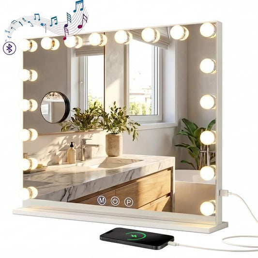 Bayt Hollywood Spiegel - Make up Spiegel - Spiegel - Hollywood Spiegel 80x60 - Dimbaar - 10x Vergroting - Met Verlichting en Bluetooth - USB aansluiting - 80x60 - Wit