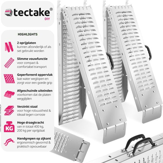 tectake® - Set van 2 oprijplaten Björn - Opvouwbaar met draaggrepen - Inklapbaar - Belastbaar tot 400 kg - 200 kg per plaat - 166 cm