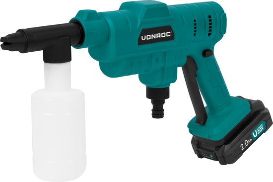 VONROC Accu drukreiniger 20V – 24bar – 198 l/h - Incl. 5m aanzuigslang, reinigingsmiddelenfles en regelbare spuitmond – Incl. 2.0Ah Accu en Snellader