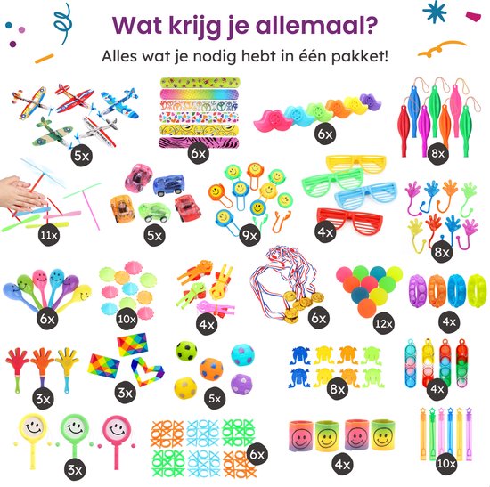 Partizzle 150x Traktatie Uitdeelcadeautjes Pakket - Fidget Toys - Pinata Vulling - Fidgets Box met Spinner en Pop it Klein Speelgoed - Carnaval Grabbelton Weggeef Cadeautjes - Voor kinderen